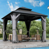 COVERONICS 8.5FT x 8.5FT Outdoor Hardtop Gazebo - Patio Cedar Wood Post Gazebo with Galvanized Steel Hardtop, Heavy-Duty Double Roof Pavilion with Netting & Curtains for Garden, Poolside, Deck, Backyard